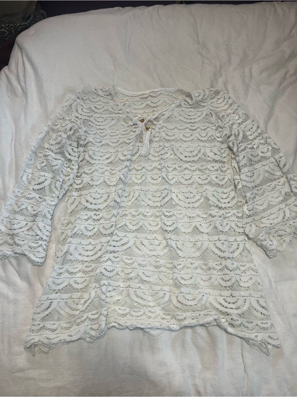 White Lace Tunic Top with Tie Neck